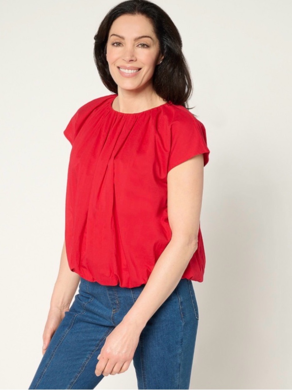 Carla Rockmore Collection 100% Cotton Cap-Sleeve Bubble Blouse 2X Lipstick Red